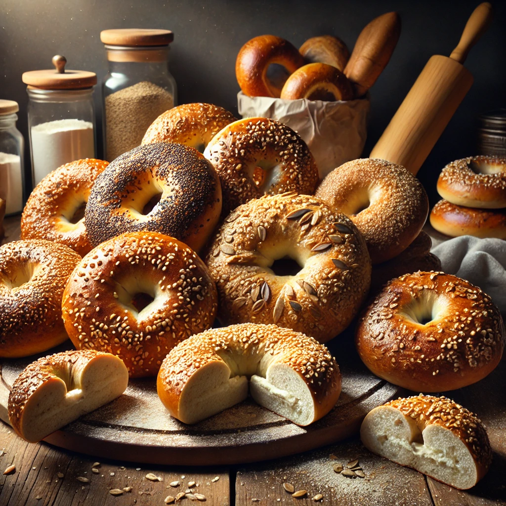 DALL·E 2024 10 15 16.21.19 A batch of freshly baked sourdough bagels arranged on a wooden board. The bagels are golden brown with a shiny surface from proper boiling some toppe