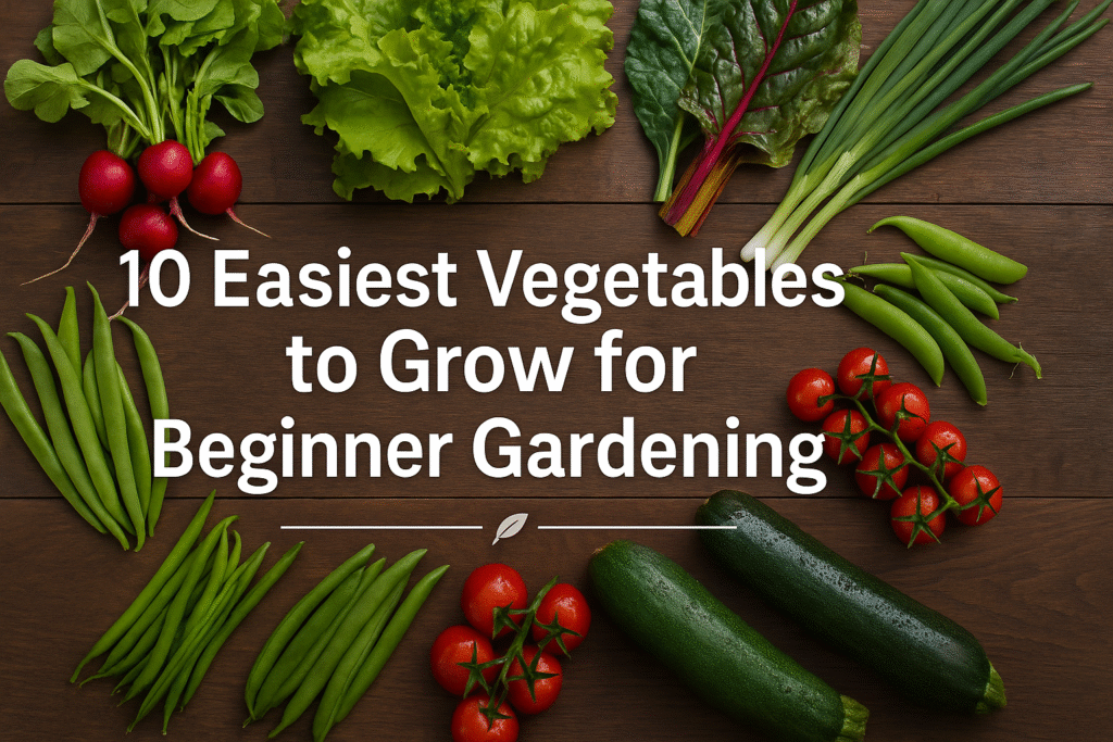 10 Easiest Vegetables to Grow for Beginner Gardening” over a wooden surface with radishes, lettuce, kale/chard, scallions, snap peas, cherry tomatoes, zucchini, and green beans arranged around the text.