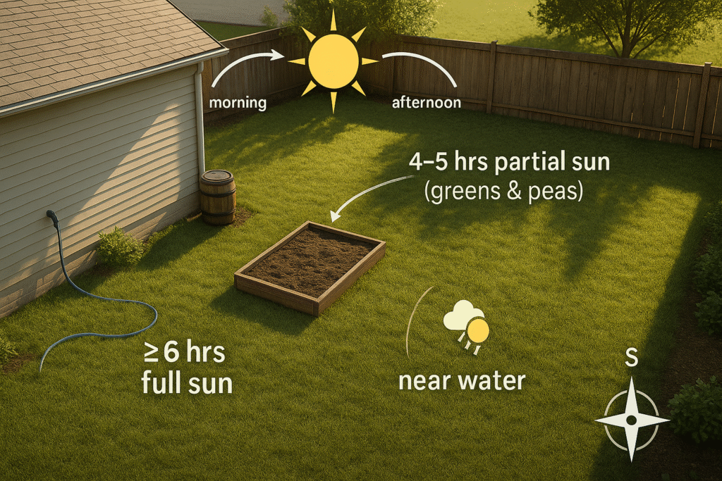 easiest vegetables to grow for beginners , Aerial backyard scene with a raised garden bed in full sun near a hose and rain barrel, showing overlays for sun path, ≥6 hrs full sun, and a 4–5 hr partial‑sun zone.
