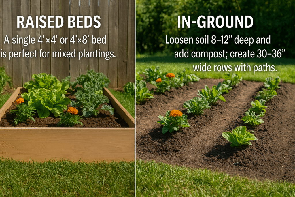 easiest vegetables to grow for beginners , left, a 4′×4′ wooden raised bed with lettuce, kale, and marigolds; right, in‑ground rows with compost‑amended soil and walking paths, labeled “Raised Beds” and “In‑Ground